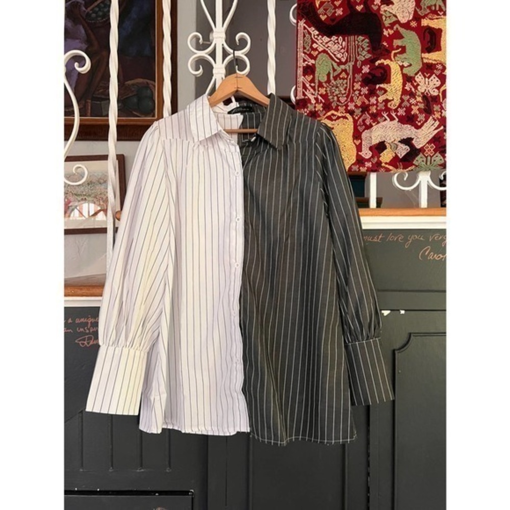 Pinstripe Shirt, Half and Half Top, Mens Boyfriend Striped Blouse Bishop Sleeve
